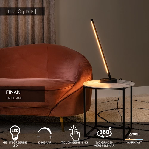 Lucide FINAN - Tafellamp - LED Dimb. - 1x12W 2700K - Zwart - USP